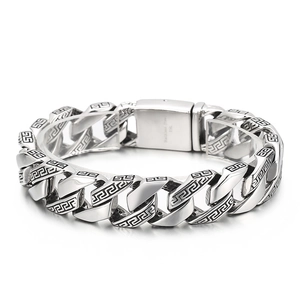 Vintage Stainless Steel Cuban Link Bracelet For Men Hip Hop Punk Greek Key Pattern Carved Chain Bracelet Jewelry Gift