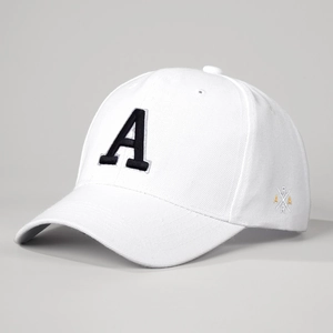 Detailed close-up of white cotton baseball cap featuring black embroidered letter A detail
