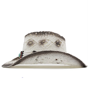 Handmade straw cowboy hat for men and women with turquoise beads and sun protection