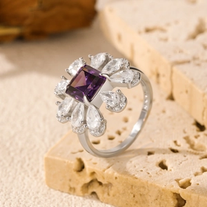 S925 silver ring featuring a large square violet gemstone with floral zircon accents