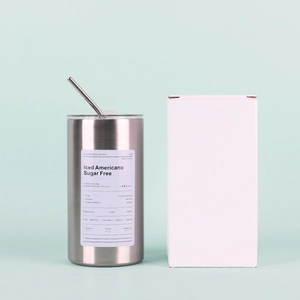 Minimalist 600ML stainless steel iced coffee tumbler with straw and packaging box