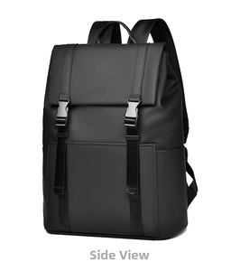 Detail of matte black waterproof business backpack with dual buckle straps and top handle
