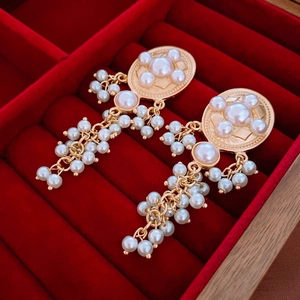Baroque Faux Artificial Pearl Tassel Drop Earrings With Silver Earring Post French Retro Elegant Alloy Ear Jewelry For Women