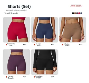 Detailed grid view showing five elastic high-waisted yoga sets in various vibrant colors