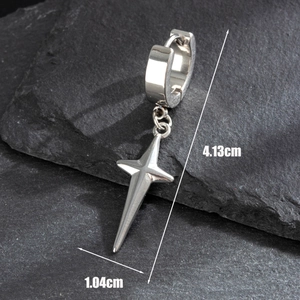Polished stainless steel cross star earring with 4.13cm length measurement on black stone
