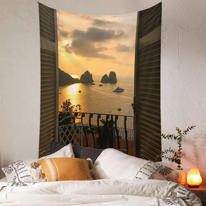 Detail of bohemian sunset ocean wall tapestry showing a wooden window view in a bedroom