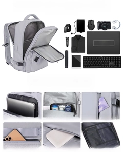Vistas detalladas de mochila de viaje gris con bolsillos impermeables y antirrobo