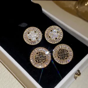 French vintage gold-plated round stud earrings with white and black cubic zirconia crystals