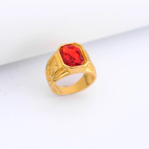 Men's gold alloy ring featuring a large rectangular red gemstone and relief texture