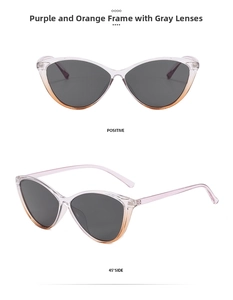 Detailed views of cat eye sunglasses with purple orange gradient frame and grey lenses