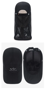 Detail of black outdoor sun hat with breathable mesh face cover and adjustable buckle strap