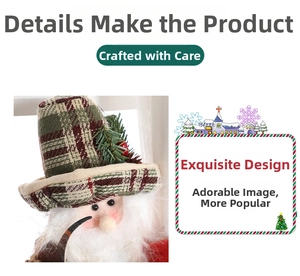 Detail showing plush Santa Claus doll with red plaid hat, pine needles, and a smoking pipe