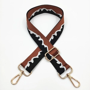 Adjustable woven jacquard shoulder strap with mountain pattern and gold metal hooks
