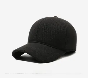 Detail of black winter baseball cap with side Jeans embroidery and wool texture