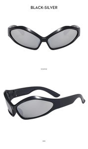 Close-up of retro wide-leg sunglasses in black frame with silver mirrored lenses