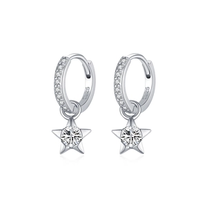 S925 Sterling Silver Star Hoop Earrings with Moissanite stone and pave crystal accents