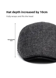 Detail of wool ivy cap showing 10cm depth and black leather brim texture