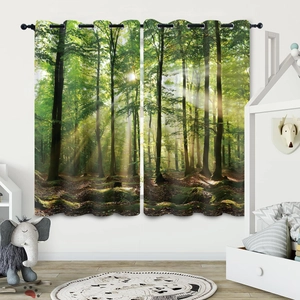 Lush forest landscape window curtains with blackout fabric in a cozy bedroom setting