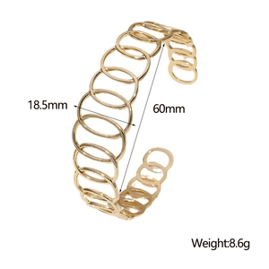 Detailed size chart for gold oval link bracelet showing 18.5mm width and 60mm diameter