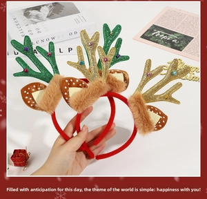 Close-up of reindeer antler headbands with sequins, fluffy trim and jingle bells decoration