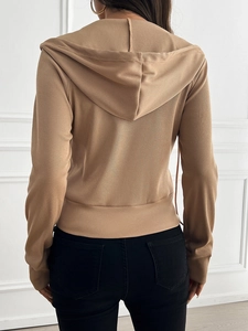 Rear view of khaki ribbed knit zip-up hoodie featuring slim fit design and long sleeves