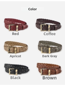 Detailed grid view of hand-woven belts in six colors with vintage gold buckles