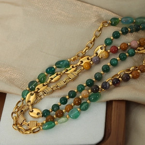Vintage gold woven pig nose chain necklace with natural agate beads for women