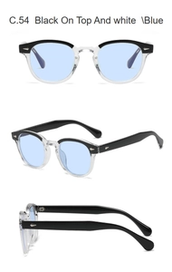 Vues détaillées de lunettes demi-cerclées rétro noir et bleu avec détails en métal diamant
