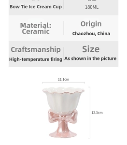 Size chart for 180ml ceramic bow ice cream cup showing dimensions 11.1x12.3cm