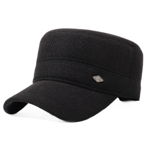 Men's winter flat top thermal cap with ear protection and a mountain logo metal badge