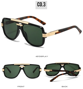 Three-angle view of aviator square sunglasses with dark green lenses and gold metal accents