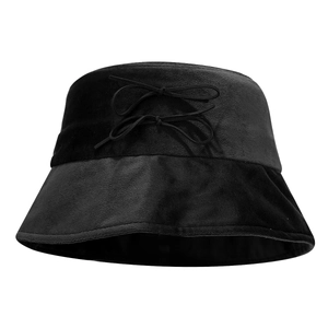 Elegant black velvet bucket hat with vintage bow ribbon detail for women's sun protection