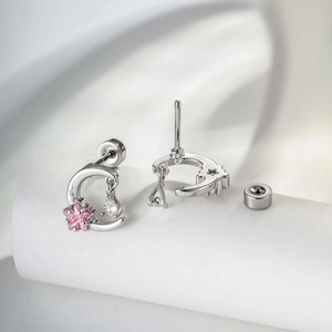 Silver star and moon piercing earrings with pink star and clear teardrop zircon stones