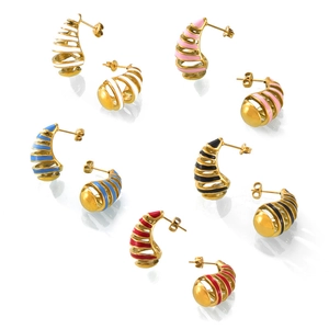 Hollow C-shape geometric titanium steel earrings with colorful enamel oil drop accents