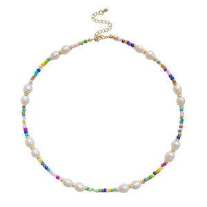 Bohemian colorful seed bead and irregular freshwater pearl necklace with gold clasp