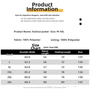 Detailed size chart for men's hooded jacket from M to 4XL with measurement data