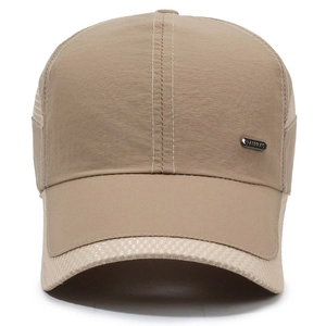 Khaki breathable mesh baseball cap for men with fashion metal badge for outdoor sun protection