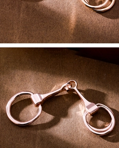 Macro shot of rose gold horsebit silk scarf buckle on a textured background