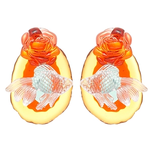 Vintage geometric resin earrings with orange rose and goldfish inlay in Chinese style