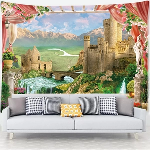 Detailed European landscape tapestry featuring mountains and waterfalls on a living room wall