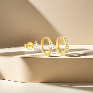 Detailed view of S925 silver gold-plated earring set featuring floral and crystal designs