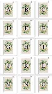 Detailed grid of 15 garden flags with alphabet letters A to O and greenery wreaths