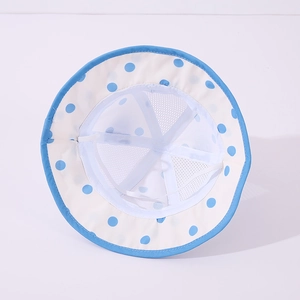 Breathable baby sun hat with mesh lining, blue polka dots, and elastic chin strap