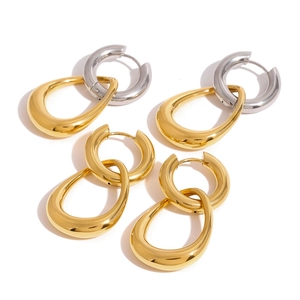 Polished stainless steel waterdrop earrings in gold and silver two-tone finishes
