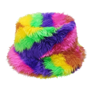 Rainbow tie-dye plush bucket hat made of soft faux fur for winter warmth and fashion