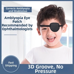 Boy wearing black 3D eye patch for amblyopia and strabismus vision correction training