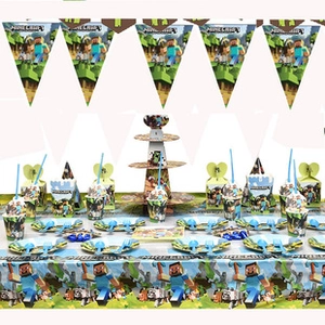 Detailed view of Minecraft party supplies set with themed plates cups and decorations