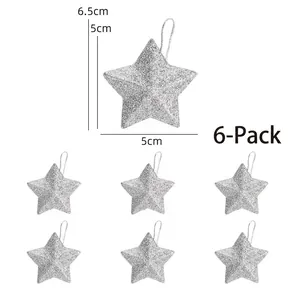Set of 6 silver glitter star ornaments for Christmas tree decoration with dimensions