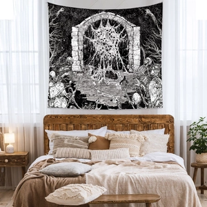 Gothic skull and spiderweb wall tapestry hanging above a bed in a modern bedroom