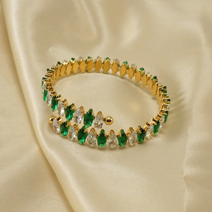 18K gold-plated adjustable stainless steel cuff bracelet with emerald and white zircon